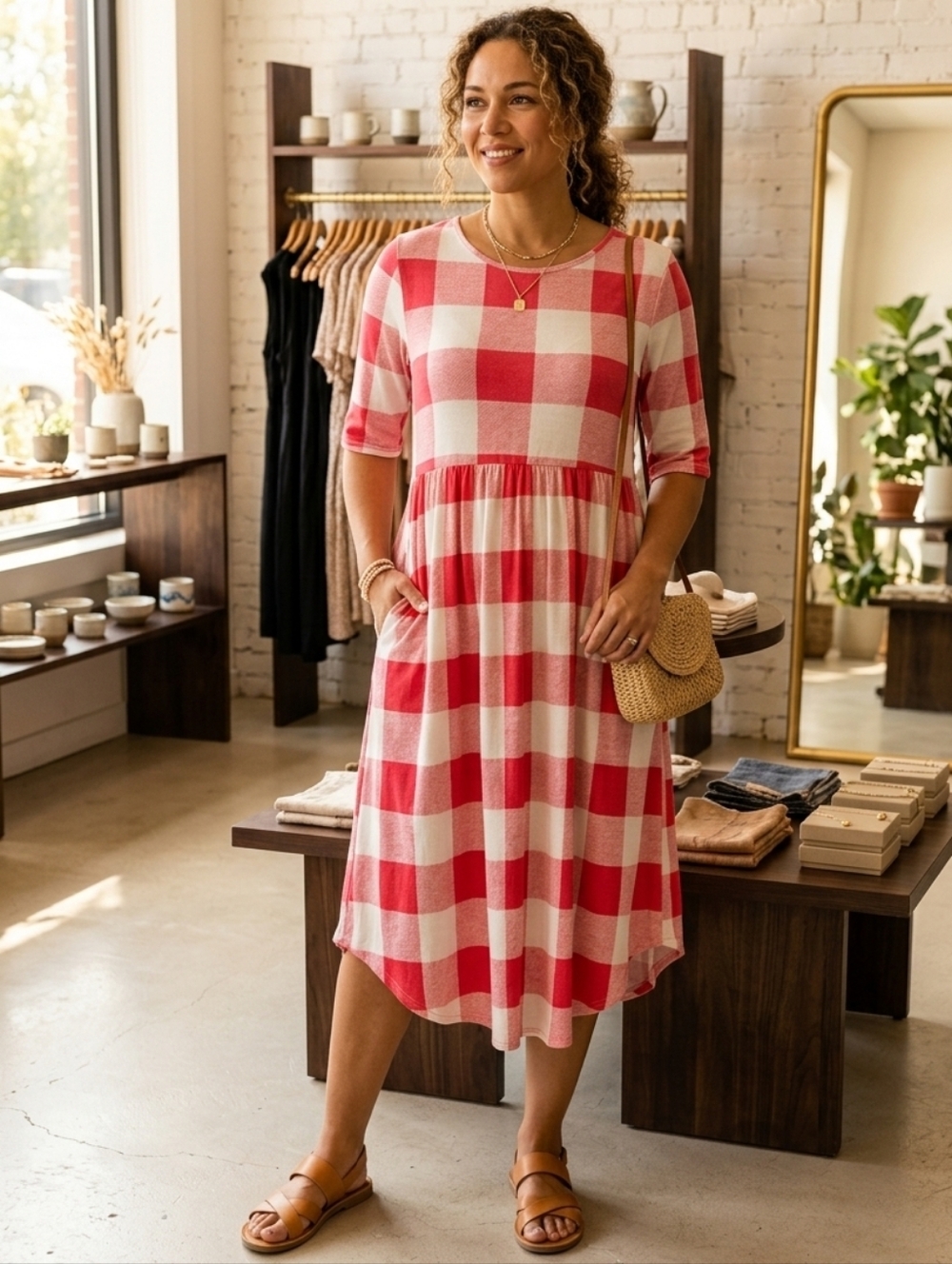 White Birch Pink & White Summer Gingham Checkered Pocketed Scoop Neck Midi Dress